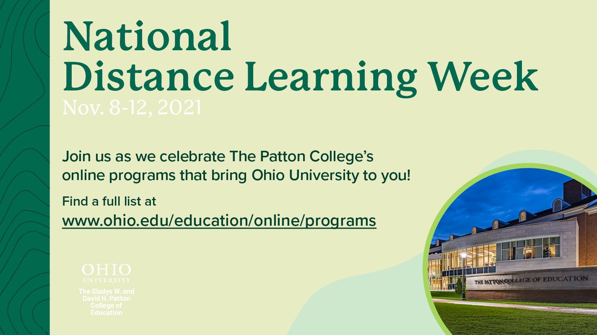 edpublicpolicy's tweet photo. This is National Distance Learning Week (Nov. 8-12) and @OHIOPattonCOE @ohiou is joining in by celebrating its online programs, including the EPPLC. Visit https://t.co/JUONhE5AZp and take a look at all of the quality programs we offer. #EPPLCChat https://t.co/qeJxfDKH1S