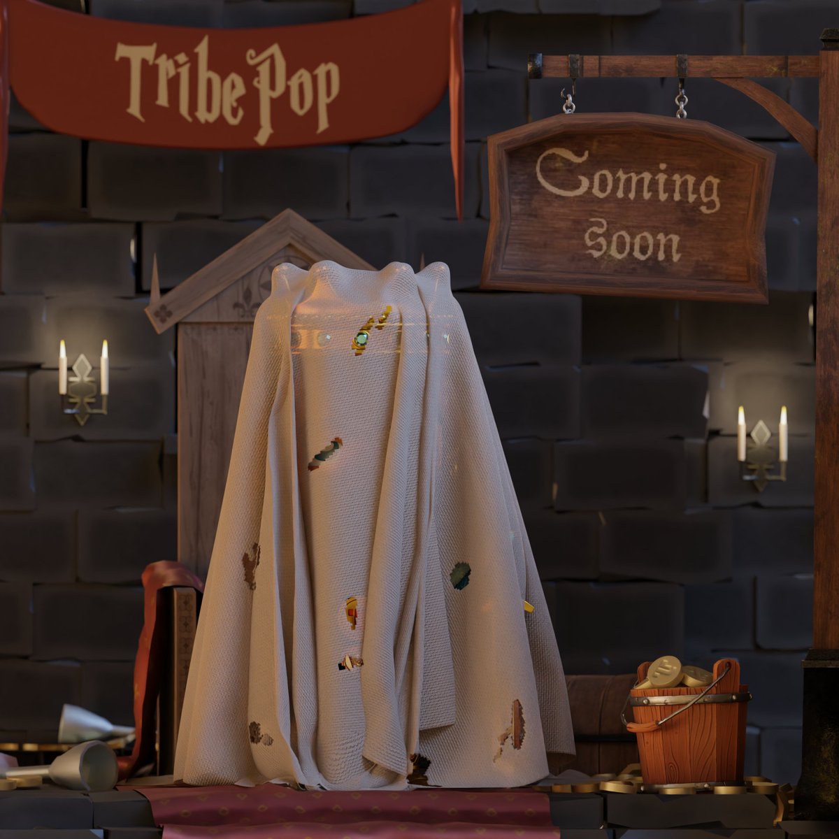 Tribextoken's tweet photo. 🚨TRIBEPOP!🚨

✨We are excited to announce the "Spoiler" for the first character in the TribePop family.
🙌This is going to be our line of NFTs within the TRIBE world.

Can you guess who's hiding under the blanket🤔?
Here is a clue 🏰👑

$TRIBEX 🚀…🌙 https://t.co/Q0FHJp4sAe