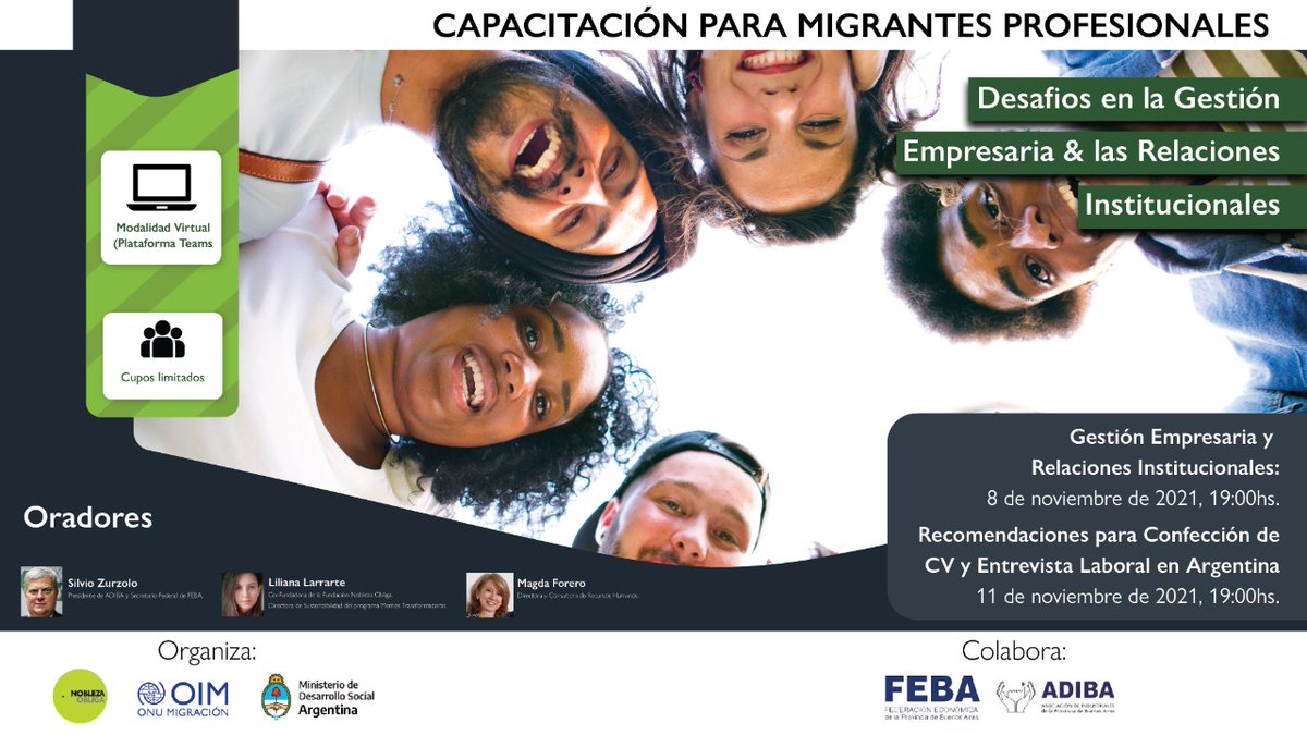 📢¡HOY!📢
➡️19hs. 

Sumate a la capacitación "Recomendaciones para confección de CV y Entrevista laboral en Argentina " de 
<a href="/OIM_Argentina/">OIM Argentina</a>, <a href="/NoblezaObliga_/">Nobleza Obliga.org</a>
 y el <a href="/MDSNacion/">Ministerio de Desarrollo Social de la Nación</a>, para personas migrantes en Argentina 🇦🇷.

💻Modalidad virtual. 

Accedé acá 👉bit.ly/3n2KiWz