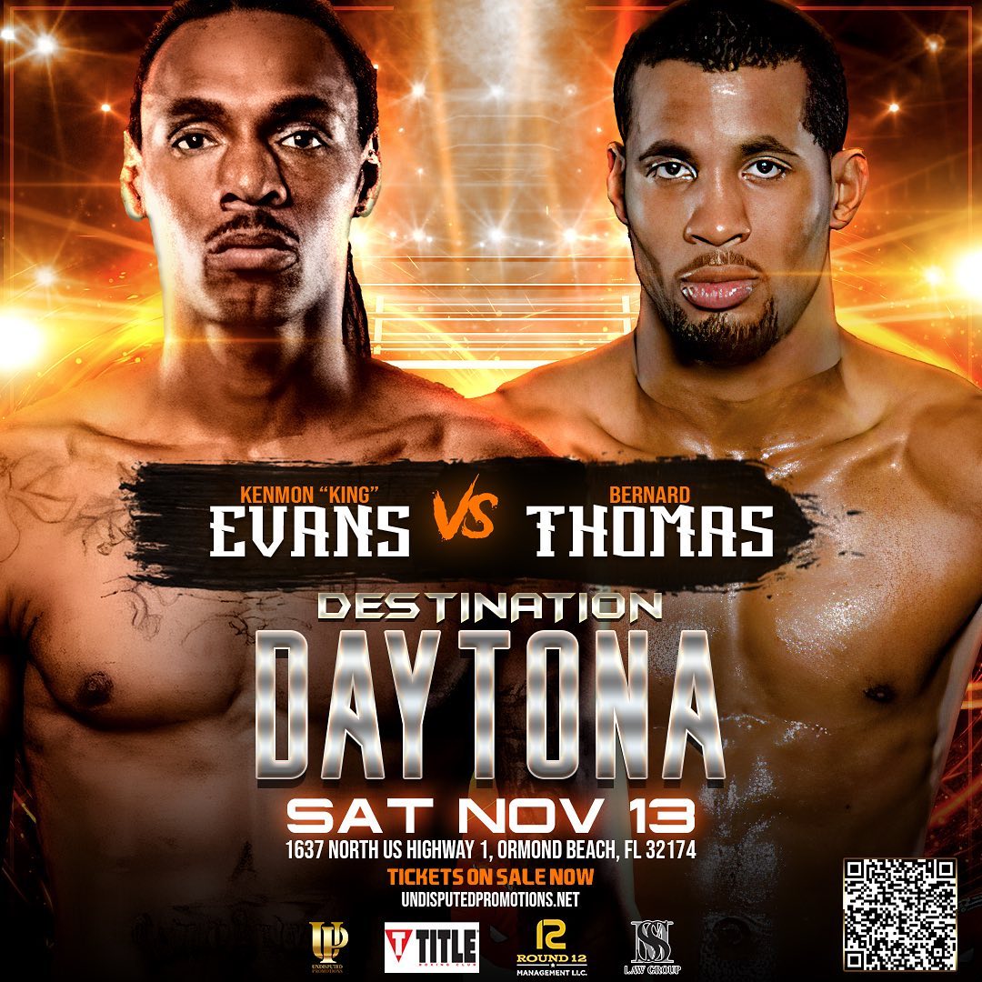 Triller_TV's tweet photo. It goes down THIS SATURDAY 💯

👊🥊#BKFC vet and undefeated #boxing prospect, Kenmon #KING Evans (5-0-1) faces 17 fight veteran Bernard Thomas in the #UndisputedPromotions #DestinationDaytona headliner on #FITE⚔️

[ Nov. 13 | LIVE | https://t.co/lLSRy2GYax ] https://t.co/uUuh5ZBhvq