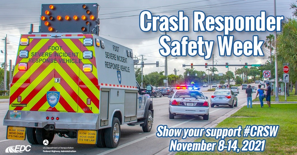 USDOTFHWA's tweet photo. Nearly every week, a traffic incident responder is killed while clearing a roadway incident, while many more sustain life-changing injuries. Crash Responder Safety Week is Nov. 8-14. Learn how your agency can promote road safety https://t.co/0AyGd0yWeS #FHWA_EDC https://t.co/4DsG5ibFZa