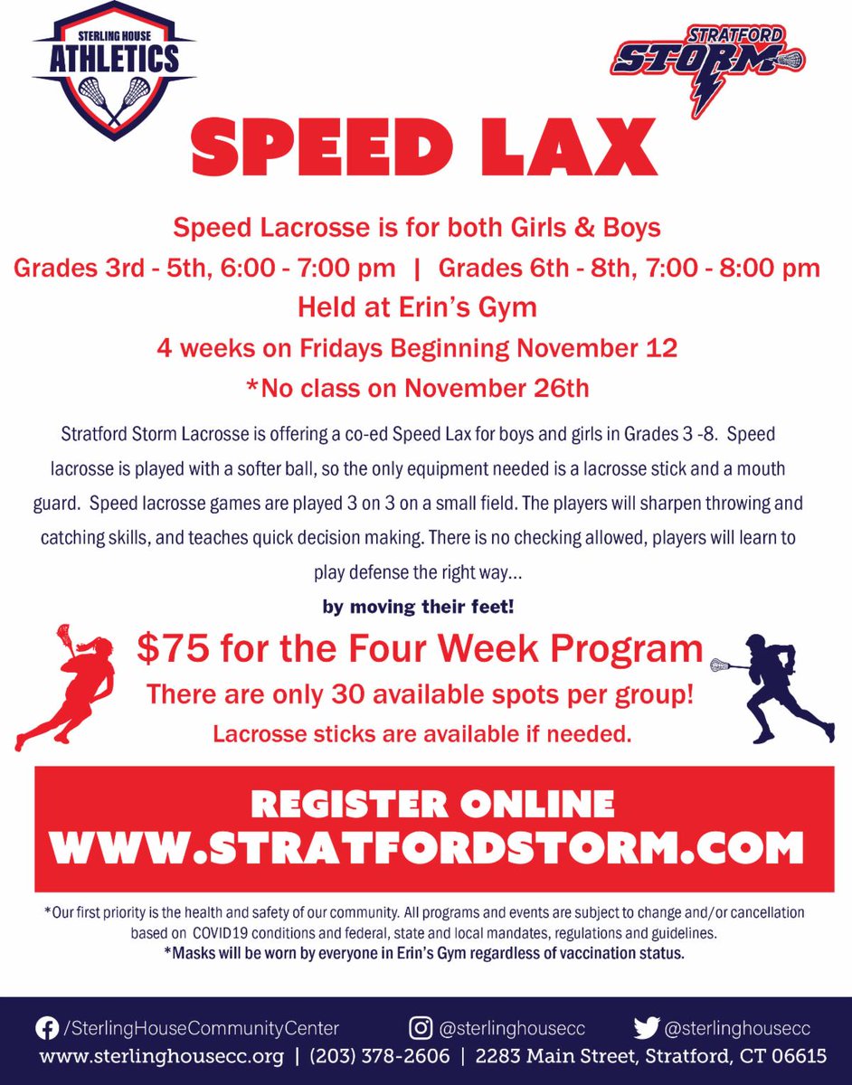 Stratford Storm Lacrosse Fall programs are starting THIS Friday 11/12. Registration ends on Thursday. Don't miss out on the action!
conta.cc/3C3rvie