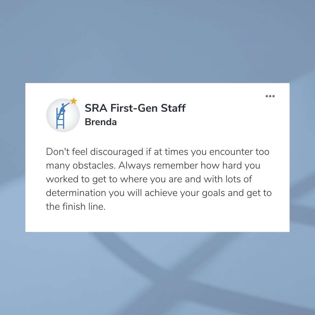 SRAprogram's tweet image. It’s National First-Generation College Celebration Week! We are celebrating our First-Gen staff at SRA 🌟 Check out their insightful advice for current students! 

#FirstGenCelebrationWeek #FirstGenPride #StudentsRisingAbove #College #FirstGeneration