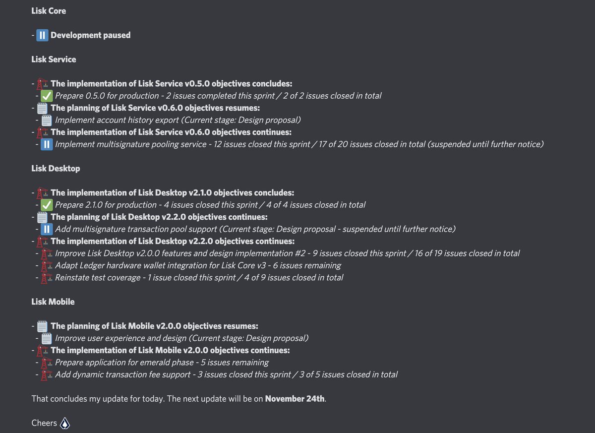 Lisk's tweet photo. #Lisk development progress update. ⚡️
👷 Want to stay up to date? Join https://t.co/zcFgPgcpqU❗
⚙️ Next update on November 24th. https://t.co/2gGpJYJpLX