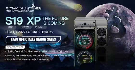 Antminer_main's tweet photo. #AntminerS19XP has begun sales! Equipped with a hashrate of 140 TH/s, power consumption of 3010W, and power efficiency of 21.5 J/TH. S19 XP futures orders are available for Q3 &amp; Q4 2022 in limited quantities, order soon! Contact #Bitmain regional BD managers for more information. https://t.co/xznibZYbI8