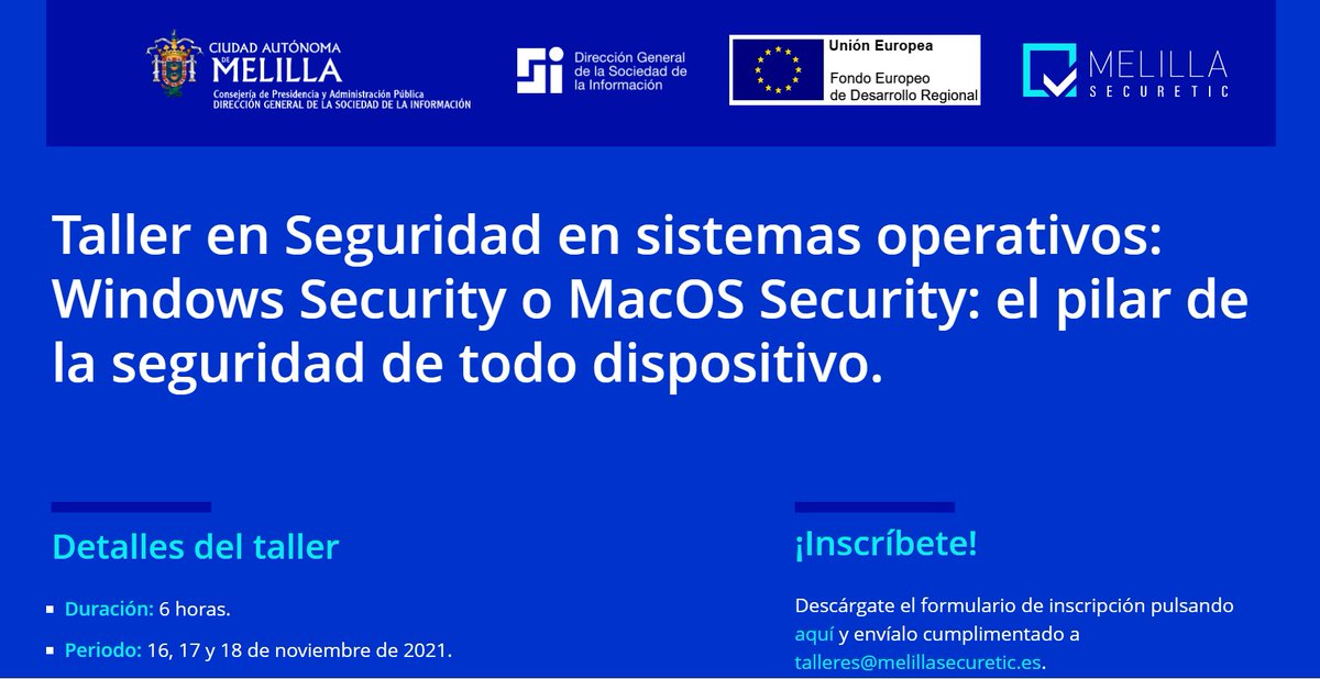 MSecureTIC's tweet photo. Comienza la cuenta atrás‼📅 Últimos días para INSCRIBIRTE en nuestro taller (del 16 al 18 de Noviembre) Online y Gratuito‼
Más INFO 👉 https://t.co/VP8cxmel47 y talleres@melillasecuretic.es 
#melilla #ciberseguridad https://t.co/ocsn8LejAT