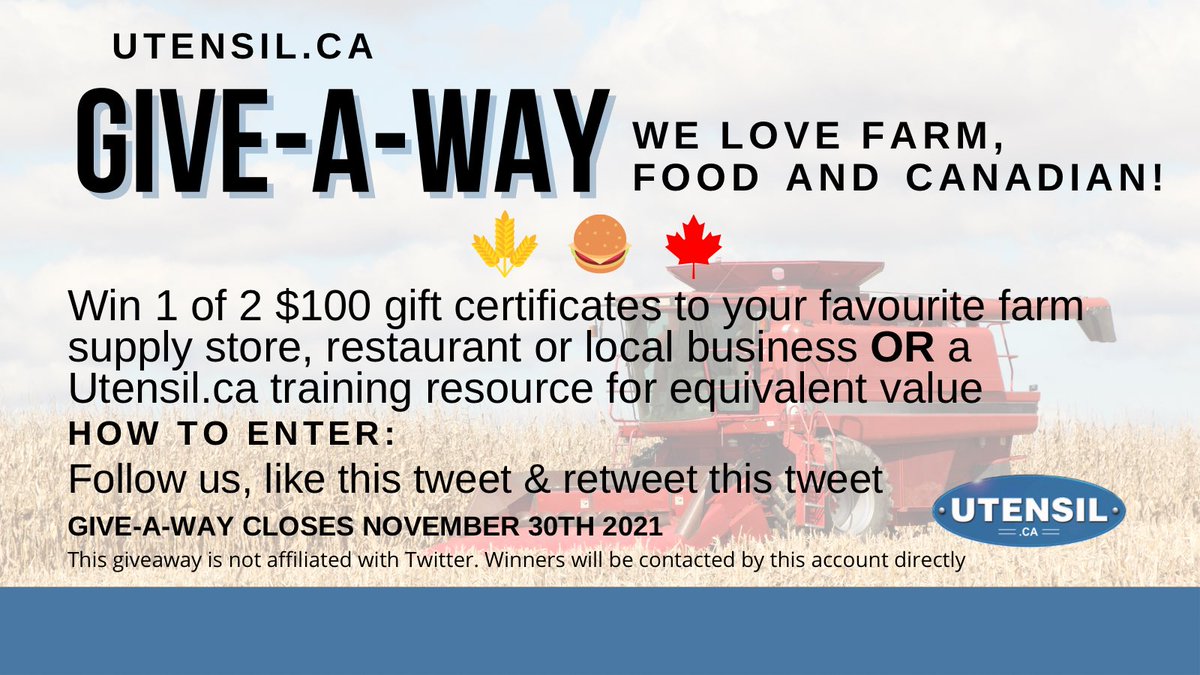 Utensil.ca Fall Give-A-Way! Win 1 of 2 $100 gift cards to your favourite farm supply store, restaurant, local business OR a Utensil.ca training resource for equivalent value. 
To enter:
Follow us (if you're not already!) and like &amp; retweet this tweet 🇨🇦