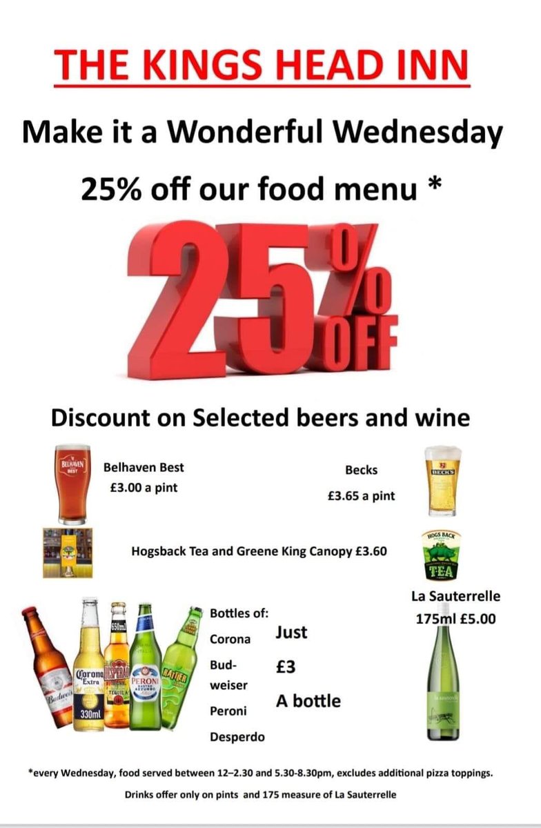 BillingshurstPC's tweet photo. Don’t forget it’s wonderful Wednesday and that means there’s 25% off the food menu* at @kingsheadbhurst and discounts on some beers &amp; wines too!  Contact them for more info and to place an order 😋  #SupportLocal #SupportOurLocalBusinesses #Billingshurst  ⬇️ 😋 🍺 🍷 https://t.co/Nos1bIma47