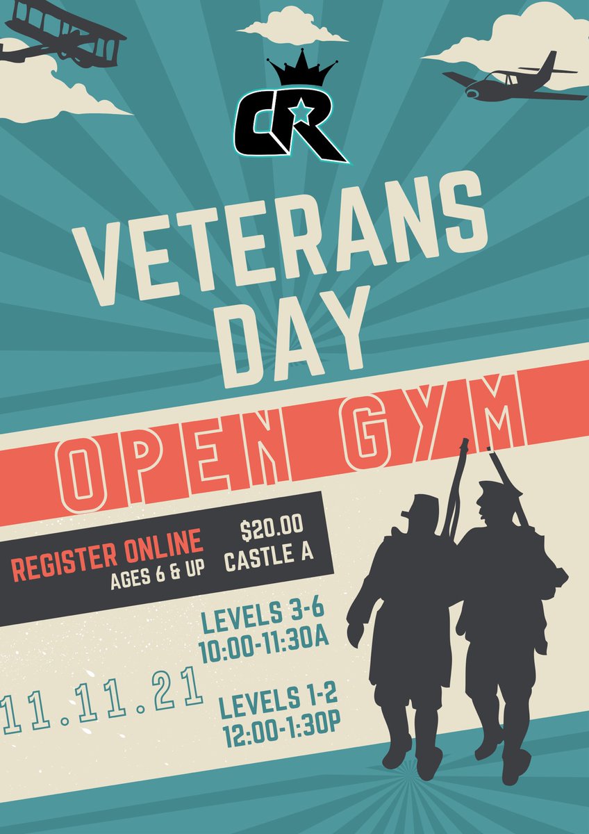 Cheerletics's tweet photo. 🪖 VETERANS DAY 🤸‍♂️ OPEN GYM

Instructed Open Gym :: Thursday, 11/11

🎖 10:00-11:30A - Levels 3-6
🎖 12:00-1:30P - Levels 1-2
🎖 Ages 6 &amp; Up
🎖 Castle A

🔗 Register Now! https://t.co/zoK9ligMld https://t.co/xDDmlkFjne