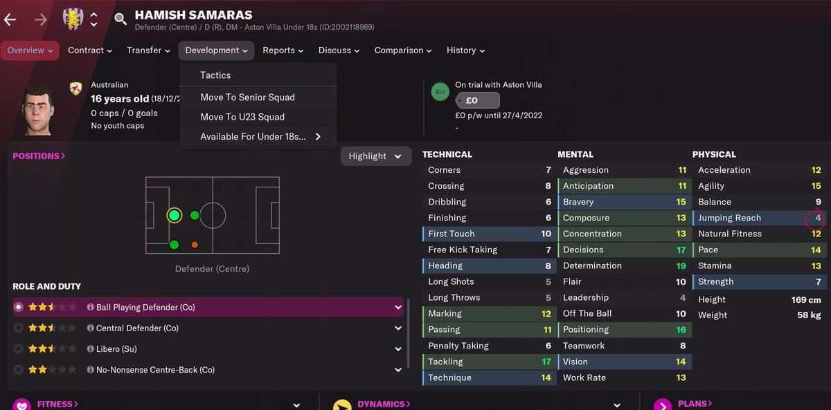 TheReckonist's tweet photo. 16yo  Central 
defender from regen pool good enough to go straight into the first team.....4 jumping. 

#JustFMThings #FM22 https://t.co/QDTApBvVL9