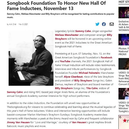Thank you @BroadwayWorld for spreading the news about this year's Songbook Hall of Fame virtual ceremony honoring #SammyCahn, #BillyStrayhorn and #MelissaManchester. Join @MichaelFeinstei and special guests this Saturday at 8pm EDT. Register to watch at bit.ly/2021SongbookHOF.