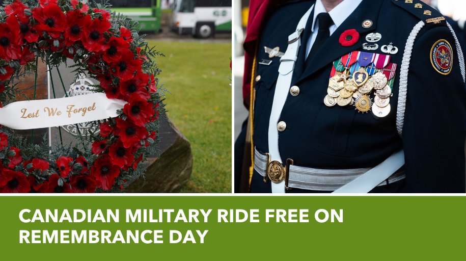 GOtransit's tweet photo. 🎖️ Thank you to the Canadian Armed Forces for your service! In honour of Remembrance Day, we’re offering veterans, their companion &amp; current members of the Canadian military free travel tomorrow. 

Details: https://t.co/nEtHZC9fPp #LestWeForget https://t.co/l08l5JubHU