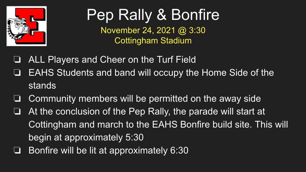 EastonFootball's tweet photo. Thanksgiving Eve will be a little different this year!  Please see the attachment for details!
#CottinghamPepRally
#BeatPburg https://t.co/1JYon9yt6h