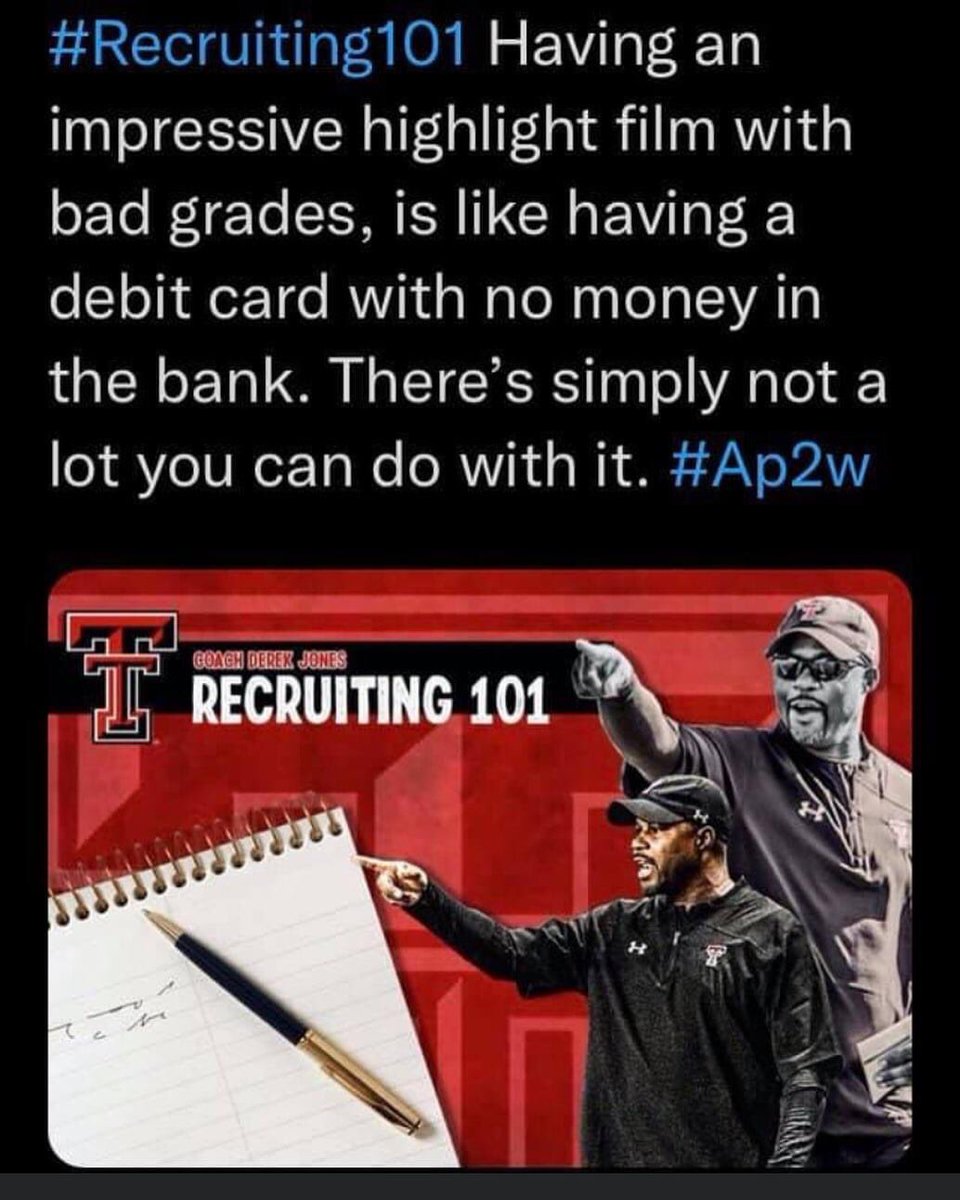 RedRaiderAD's tweet image. Those of you with aspirations to play in college…take your grades seriously or prepare for a long windy road ahead of you! Not saying it would be impossible but you might be making it harder for yourself than it needs to be! Take my word for it!