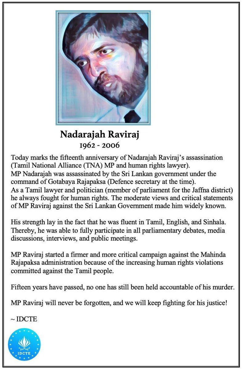 IDCTE_org's tweet photo. Even after fifteen years, no one has been held accountable for the murder.
#NeverforgetNeverforgive #TamilsGenocide #srilanka  #slpolitics #constitutionalcrisis #lka #currentaffairs #politicalcrisis #politicalmess #politicalturmoil  #srilankaparliament #HumanRightsViolations https://t.co/kJCzAimbCb
