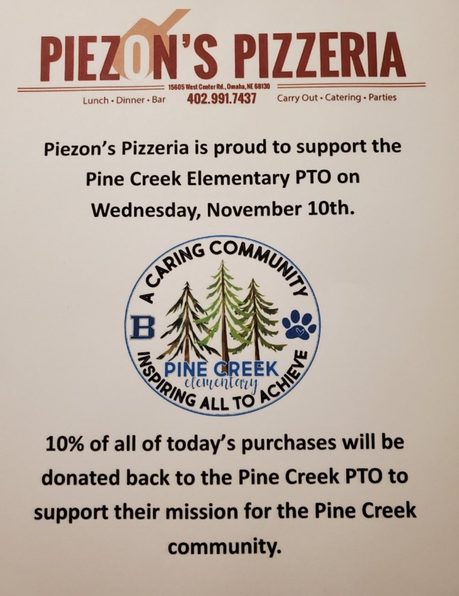 PiezonsPizzeria's tweet photo. Happy #WeCareWednesday! Stop out today for dine-in, carry-out, and/or gift cards! A portion of all sales goes to support the great folks at Pine CREEK PTO! 402-991-7437! The are some @ngcitycafe pies too.....just saying!
#edit3
#bossisstrugglingtoday
#needsaproofreader https://t.co/x9PqUIcsqw
