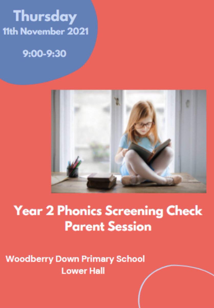 Hi #Year2,tomorrow morning we will run a session about the upcoming Phonics Screening Check for Year 2. Please join us to find out what the Phonics Screening Check is and how you can support your child at home to practise their sounds and blend them into words.<a href="/woodberrydownN4/">Woodberry Down</a>