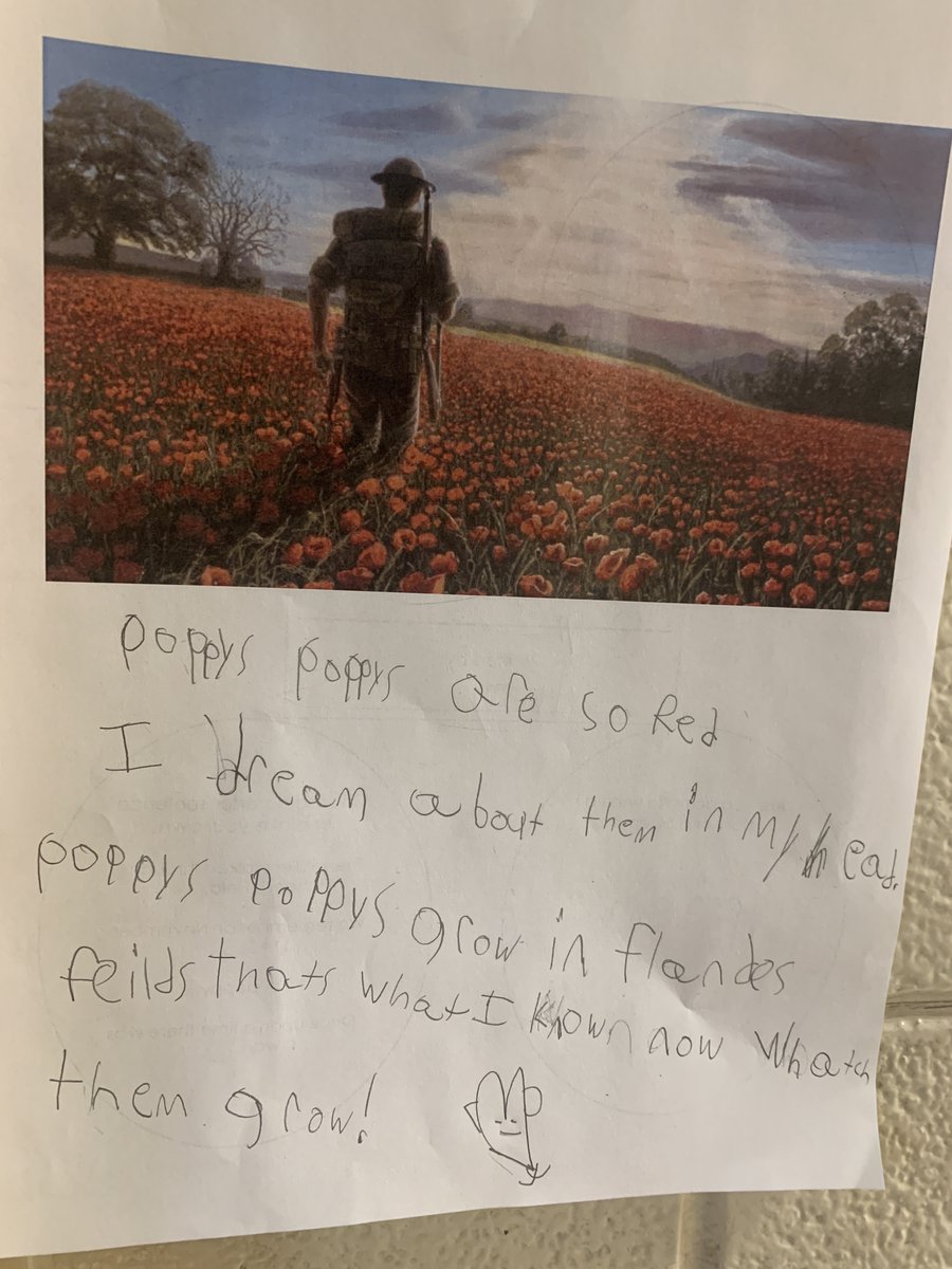 ms_mccloskey1's tweet photo. @HarrowHornets Grade 3's in 2/3M wrote poems for Remembrance Day from the picture of the soldier walking in the poppy field. https://t.co/M2oWNi7GsU