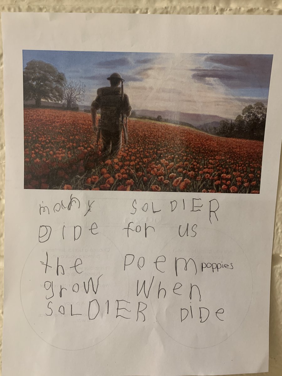 ms_mccloskey1's tweet photo. @HarrowHornets Grade 3's in 2/3M wrote poems for Remembrance Day from the picture of the soldier walking in the poppy field. https://t.co/M2oWNi7GsU