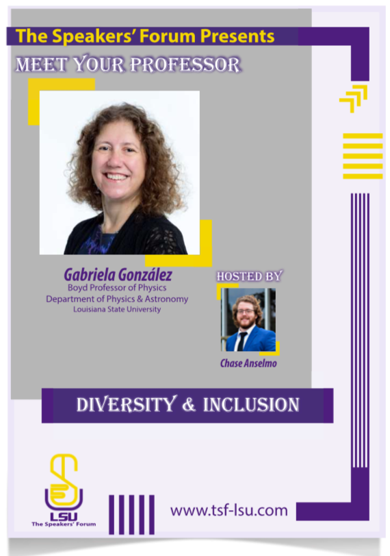 TSF_LSU's tweet photo. Join our IT Chair Chase in his interview with the LSC (LIGO Scientific Collaboration) Spokesperson and a Physics Professor at LSU, Dr. Gabriela González. She talks about being a woman in science and balancing ‘life’.  

#Geauxscience #geauxlsu @AnselmoChase https://t.co/RkKaJAoJ0L