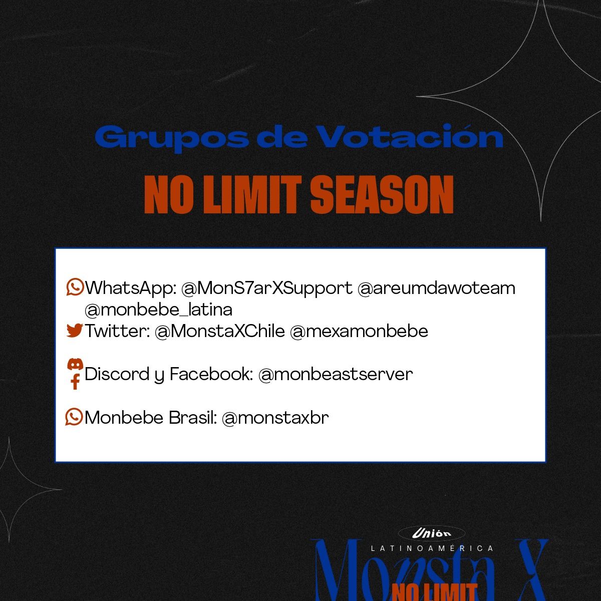 Monbeastserver's tweet photo. 🚨 | #MONBEBE
Les invitamos a unirse a los grupos que se están organizando para la INFORMACION sobre el cb de #No_Limit y VOTACIONES de #MONSTAX
✨Se pueden poner en contacto con las Fb de abajo para unirse al que gusten
@OfficialMonstaX #UnionLatam #몬스타엑스 https://t.co/wSSfUU2PTz