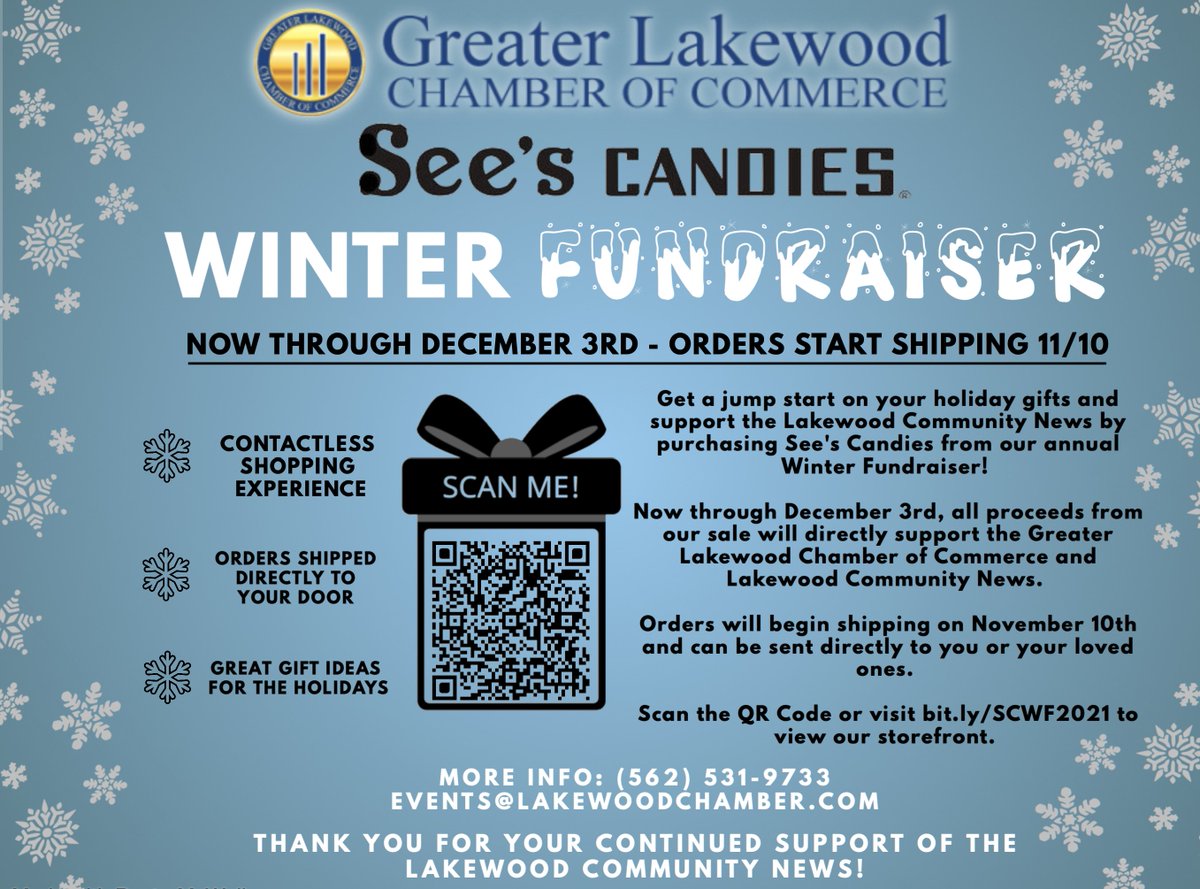 Order delicious See's Candies from our Winter Fundraiser by December 3rd to support the Chamber and Lakewood Community News! Scan the QR code below or visit bit.ly/SCWF2021 to view our storefront.