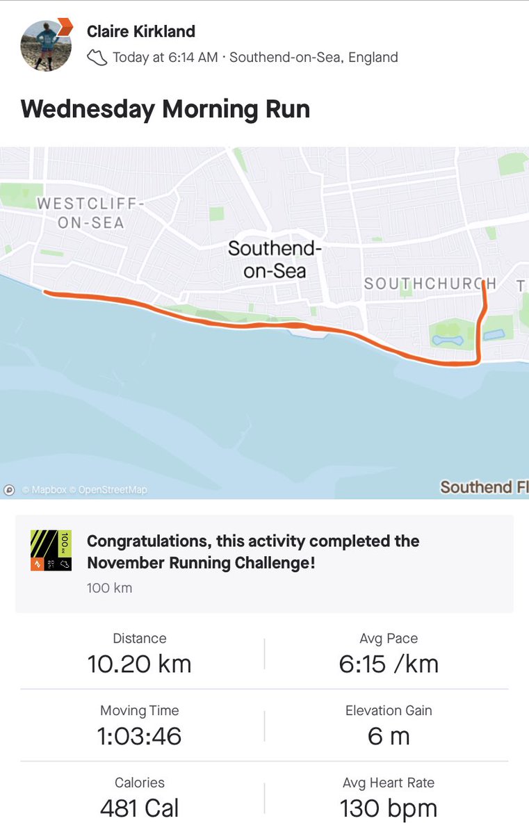 cK_Kirkland's tweet photo. Nice and steady one this morning enjoying the surprisingly warm conditions - strange to still be in shorts and t-shirt in November 😳 definitely feel the benefit of morning running with more energy in the day 🏃🏼‍♀️ #ukrunchat #running #Southend #morningrun #steadypace https://t.co/soK8qS8Rwy