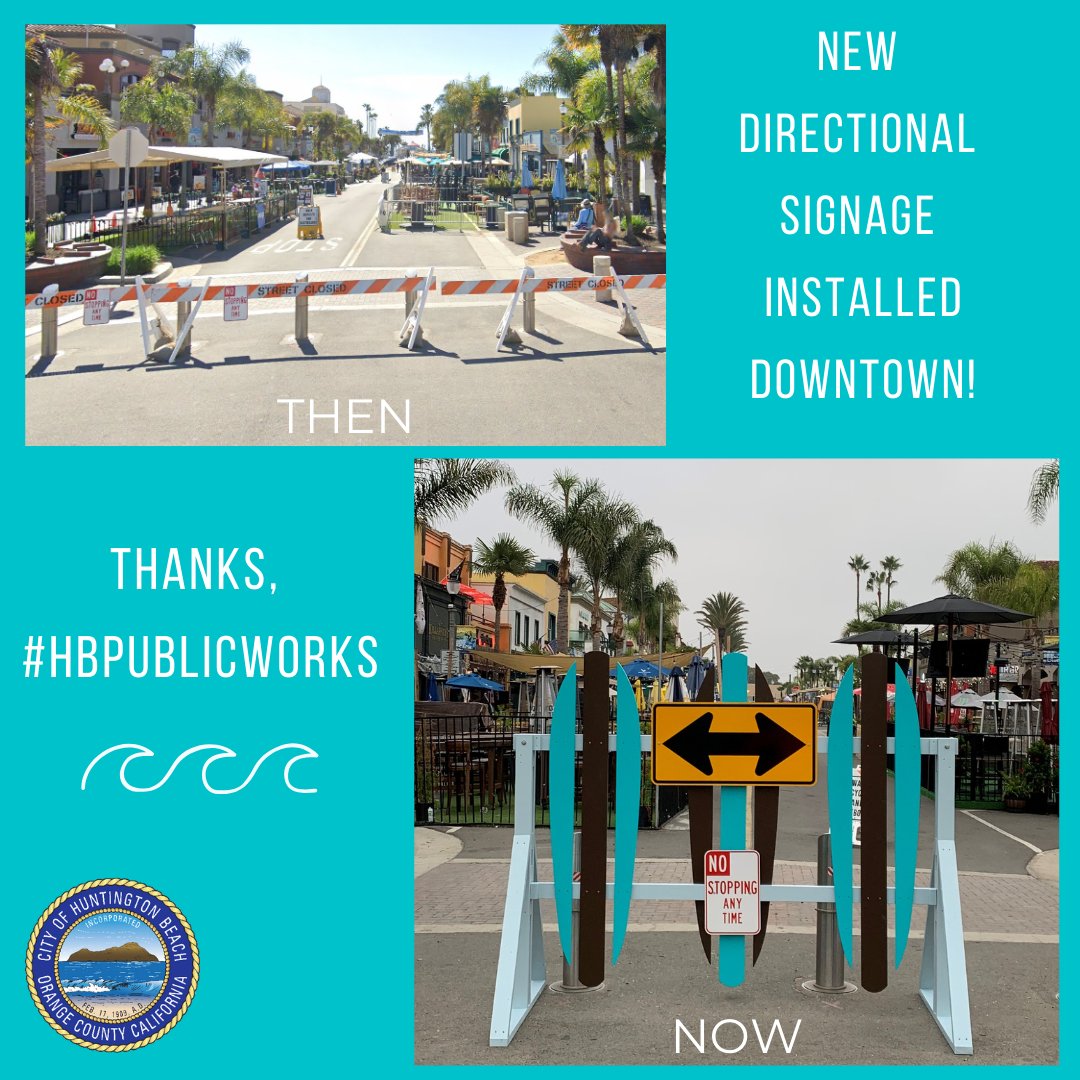 CityofHBPIO's tweet photo. Surf’s up, downtown! 🤟 Have you noticed the new surf-themed directional signage on Main Street? Our talented #HBPublicWorks team designed, built and installed these awesome signs on the second block. Stop by and check them out soon!
#HuntingtonBeach #OneHB https://t.co/3NZOHVhPIT
