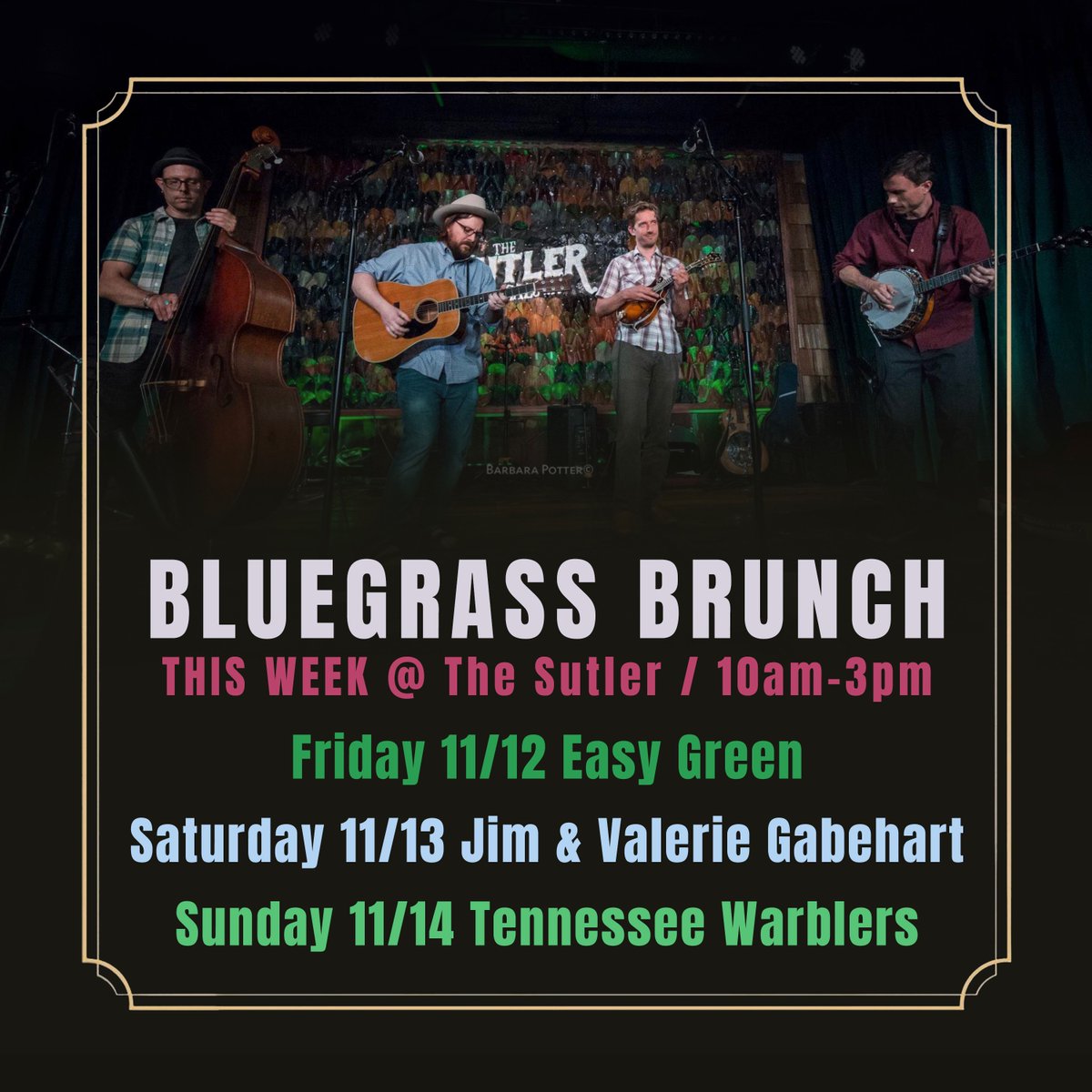 TNWarblers's tweet photo. Mark your calendars and loosen up your belts, we gonna be bluegrass brunchin’ this Sunday at @thesutler!
#bluegrass #bluegrassbrunch #thesutler #nashvillemusic #americana https://t.co/ehpSWn4L1x