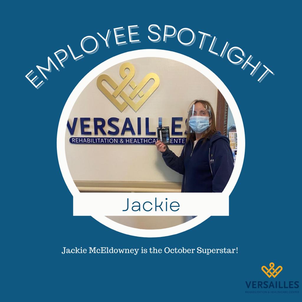 VersaillesHC's tweet photo. Jackie McEldowney is our Employee Superstar of the Month! Thanks for all that you do Jackie! ⭐️⭐️ #versailleshealthcare #versaillesohio #versailles #ohiohealthcare #seniorliving #nursinghome #ohionursinghome #rehabfacility #assistedliving #ohioassistedliving #community https://t.co/YxCrHgr74D