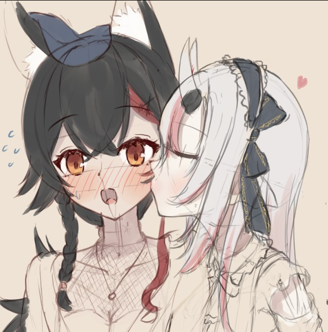 百鬼あやめ ,大神ミオ 「あやみお進捗
服とか描いて顔回りだけ色を仮置きしました 」|けースヶのイラスト