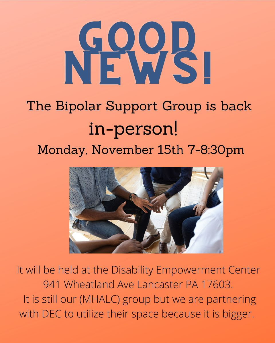 Fantastic News!  Our Bi-polar support group is back and in person!  Mark your calendars for Monday, November 15! 
#mentalhealth #bipolar #support #lancasterpa