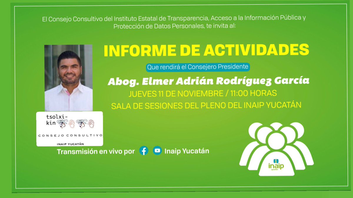 ConsejoInaip's tweet photo. Te invitamos a seguir la transmisión en vivo por los canales oficiales del @Inaip sobre Informe de Actividades del Consejero Presidente saliente @elmorodriguezg https://t.co/Nhxu41nhJY