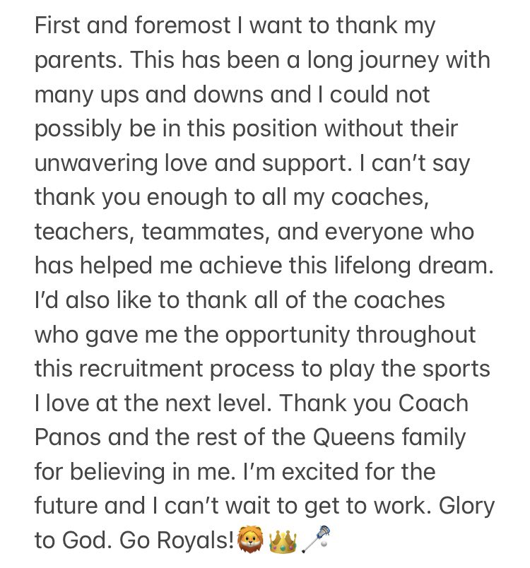 KornLachlan's tweet photo. I am excited to announce my commitment to play lacrosse at Queens University of Charlotte! https://t.co/6yqneiSTO2