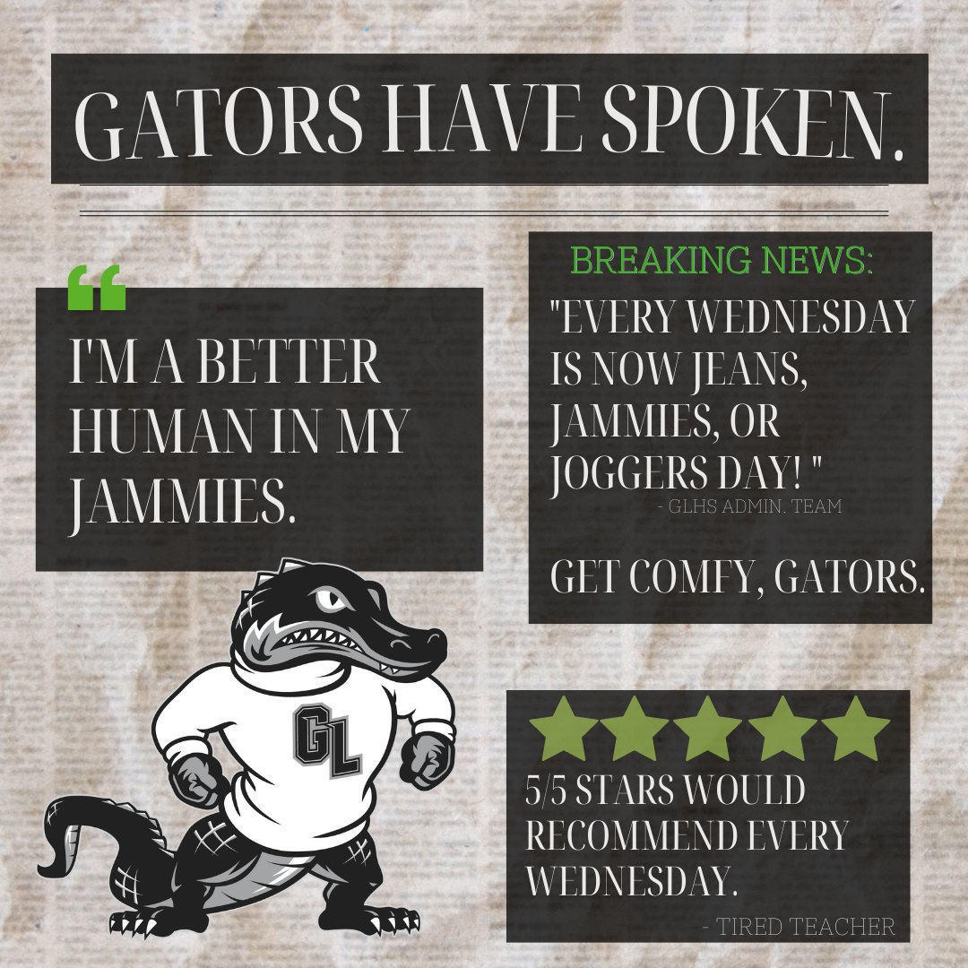 GreenLevelHigh's tweet photo. 🗞️ Breaking News 🗞️ We've all loved "Jeans, Jammies, and Jogger" Day so much we're making it 👏 EVERY 👏 WEDNESDAY 👏 Life is tough ... picking out your clothes shouldn't be 🥳 https://t.co/YXACrjjClm