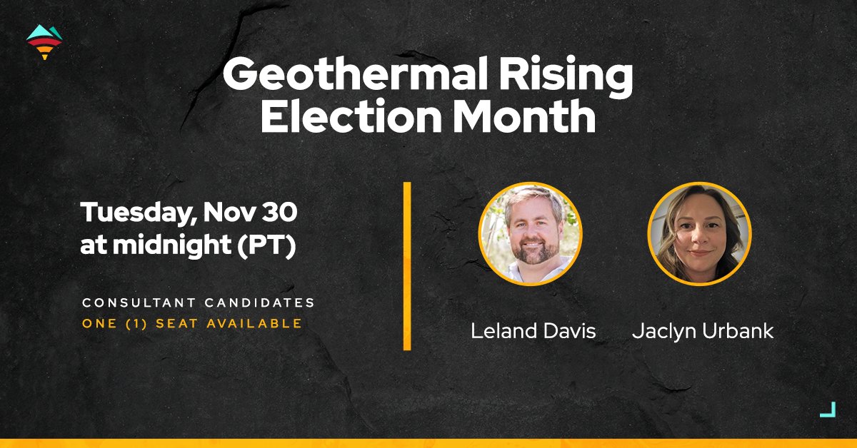 Geo_Rising's tweet photo. The polls are open! It's time to vote for your next Geothermal Rising Board of Directors. Polls are open now through November 30, 2021 for the positions of consultant, energy advocate and more. Visit our website to learn more about the candidates, start a membership and vote. https://t.co/Z58kiU1T88