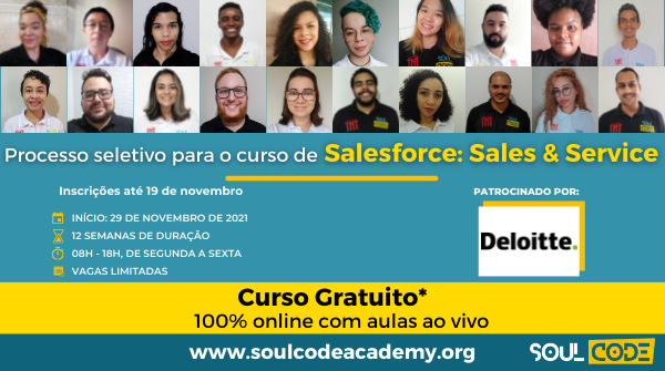 SoulCodeAcademy's tweet photo. Estão abertas as inscrições para nosso novo curso gratuito!
Aprenda Salesforce em 3 meses e se prepare para as novas demandas do mercado! Saiba mais sobre curso e inscreva-se em: https://t.co/LKdYyx9OuF
#SoulCodeAcademy #Deloitte #Salesforce #SalesforceBrasil https://t.co/cjZxxkm7jy