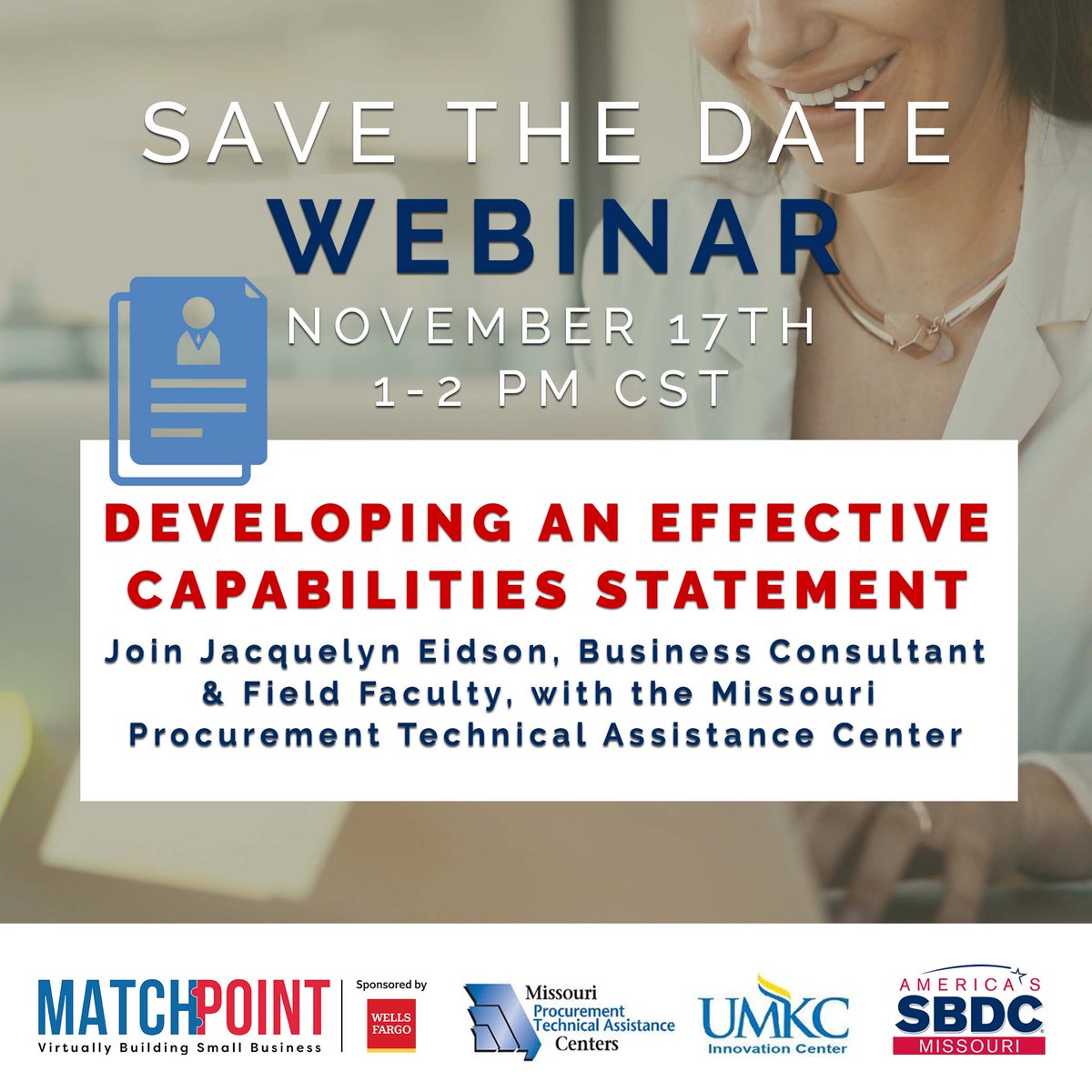 TLCMatchPoint's tweet photo. Save the date for MatchPoint's webinar happening next week on Wednesday, the 17th, at 1 PM CST. We'll be joined by Jacquelyn Eidson, Business Consultant &amp; Field Faculty with the Missouri Procurement Technical Assistance Center. Register at https://t.co/UlCgYmtW3h https://t.co/VuQvsO1iMt