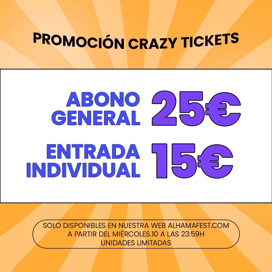 alhamafest's tweet photo. 😱🤯 NOS HEMOS VUELTO LOCOS 🤯😱

Esta noche a partir de las 23:59H podrás adquirir tu abono general o individual para Alhama Music Festival a precio reducido!! 🤩🤩

Ponte la alarma y estate atento que hay unidades limitadas - https://t.co/O2WKlEnaIQ https://t.co/dvsUkGwimr