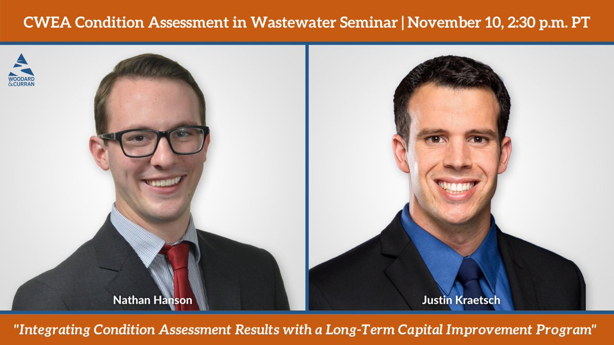 woodardcurran's tweet photo. Don't miss Project Engineers Nathan Hanson & Justin Kraetsch presenting on Integrating Condition Assessment Results with a Long-Term #CapitalImprovement Program during the @cwea #ConditionAssessment in #Wastewater Seminar today at 2:30 p.m. PT. โก๏ธ https://t.co/DsbjkZQ3ZR
#CAWater https://t.co/rkPgTtSEsz