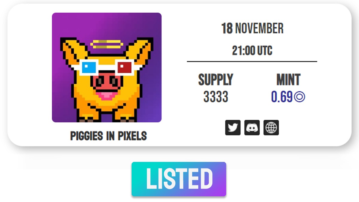 ✅Piggies In Pixels @PiggiesinPixels are listed on solanadrops.art the best #SolanaNFT drop list.

Join their Discord:
👉discord.gg/MXs2mZTFVA

🚨 Get your Piggy on November 18 at 9PM UTC.