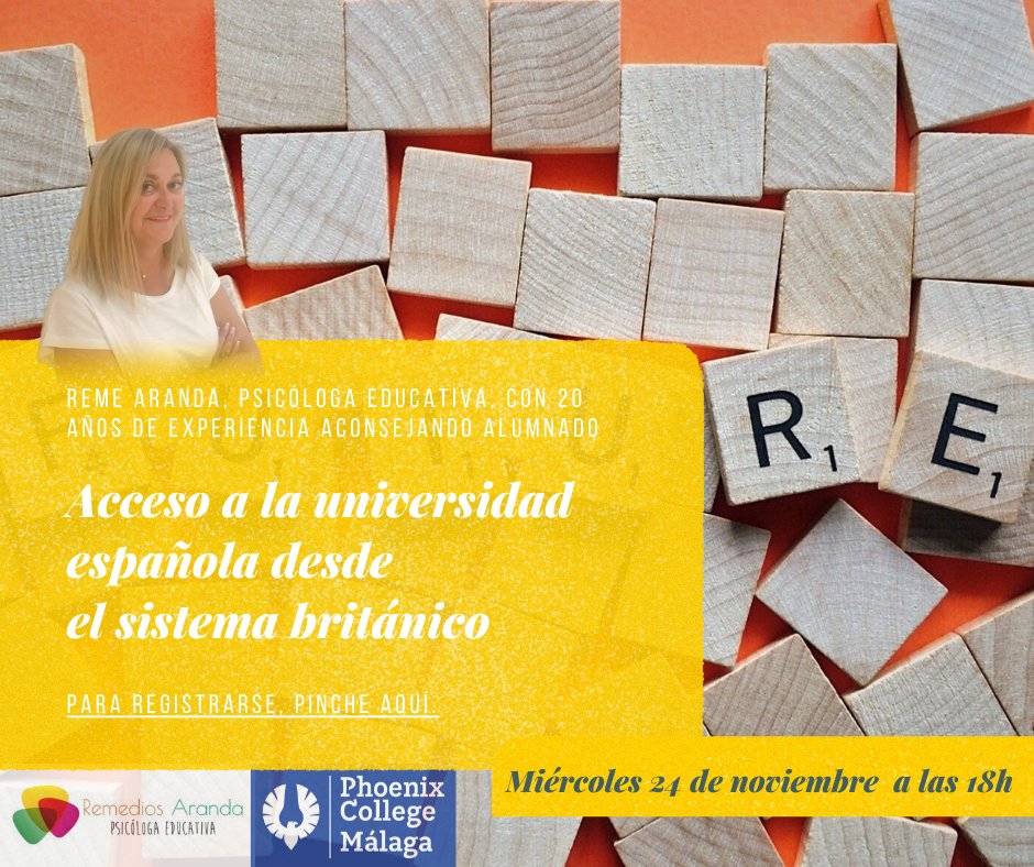 MalagaCollege's tweet photo. Reme Aranda, psicóloga educativa con 20 años de experiencia, nos ofrece la posibilidad de asistir al evento: 

Acceso a la universidad española desde el sistema británico.

¡No dudéis en registraros!
https://t.co/dkugjP4ngK

#Alevels #Málaga #Bachillerato #AccesoUniversidad #EBAU https://t.co/GmGifseaF0
