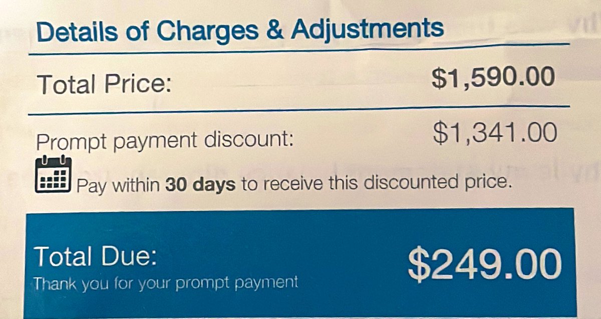 vnishanth's tweet photo. Insurance charge 4000$ for a test —>Denied by insurance…bill sent to me 1590$ minus 1341$ PROMPT PAYMENT DISCOUNT 🤯 = 249$ … Seriously makes me wonder what that actual cost of the test is! #Absurd  #HealthcareforAll https://t.co/zOsYI0ZnCW