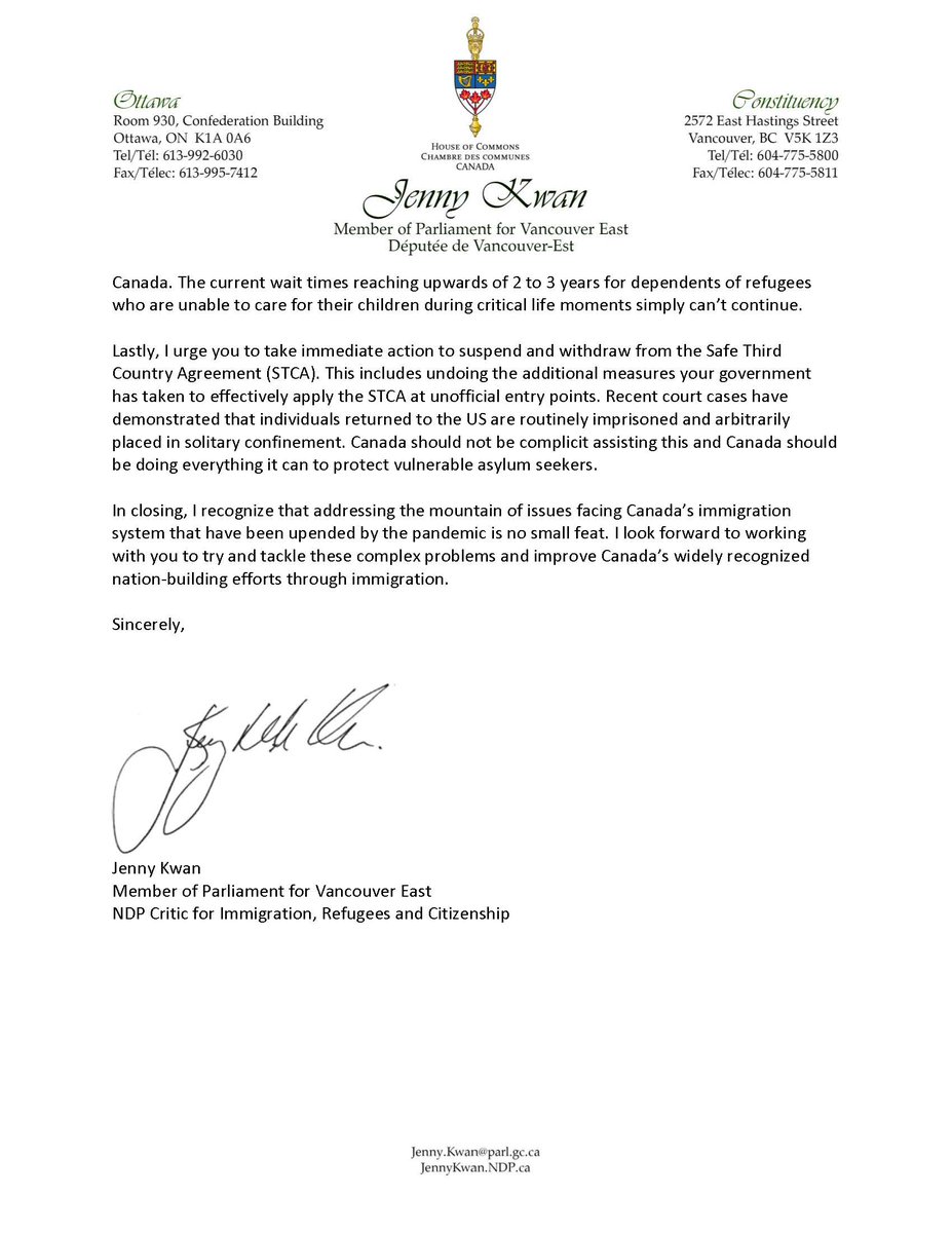 JennyKwanBC's tweet photo. Here is a copy of my letter to Minister Fraser congratulating him on becoming the new Minister of Immigration, Refugees and Citizenship and highlighting a number of concerns on the current state of IRCC that needs to be addressed. https://t.co/eiyYagHk0O