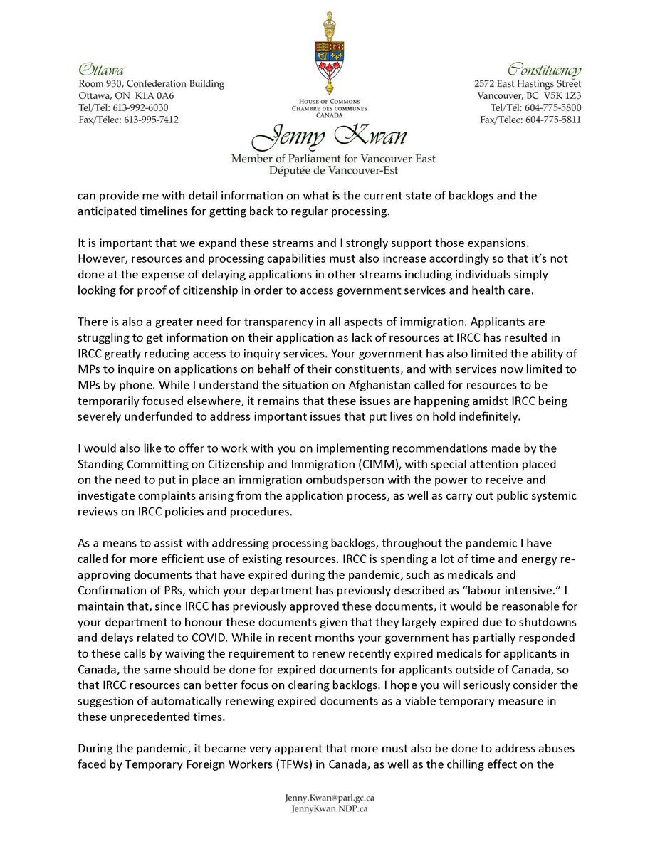 JennyKwanBC's tweet photo. Here is a copy of my letter to Minister Fraser congratulating him on becoming the new Minister of Immigration, Refugees and Citizenship and highlighting a number of concerns on the current state of IRCC that needs to be addressed. https://t.co/eiyYagHk0O