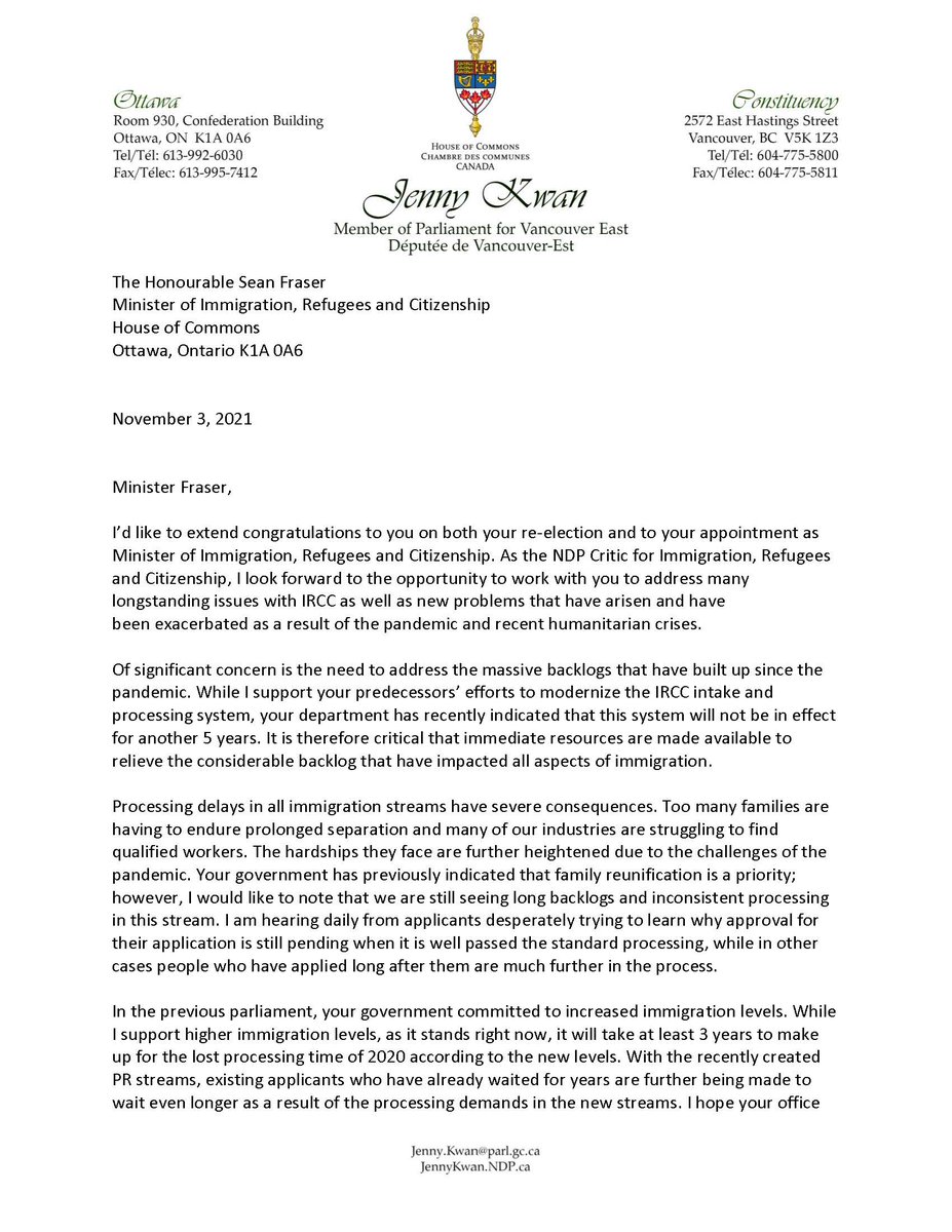 JennyKwanBC's tweet photo. Here is a copy of my letter to Minister Fraser congratulating him on becoming the new Minister of Immigration, Refugees and Citizenship and highlighting a number of concerns on the current state of IRCC that needs to be addressed. https://t.co/eiyYagHk0O