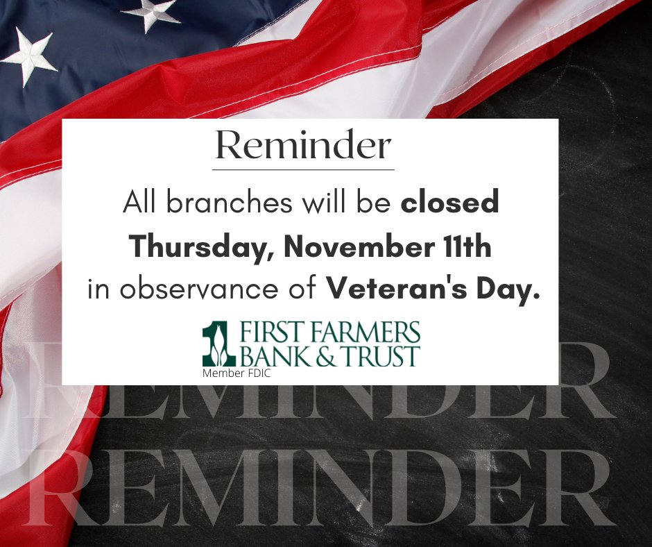 As a reminder, all branches will be closed Thursday November 11th in observance of Veterans day. 👍