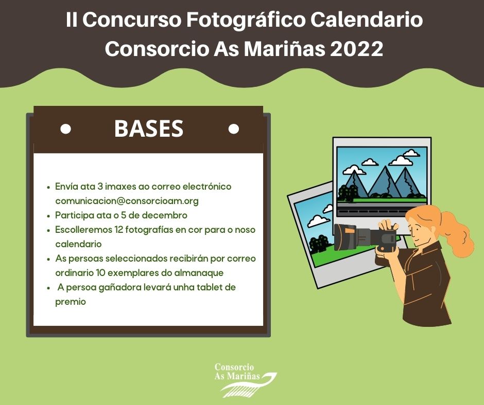 as_marinas's tweet photo. 📣Volve o #ConcursoFotográfico "Calendario Consorcio As Mariñas 2022".📸

Para participar, só tes que tomar ata 3 fotografías nalgún dos concellos consorciados e envialas a 📧comunciacion@consorcioam.org antes do 5 de decembro! 

ℹ Consulta as bases ➡️ https://t.co/2O5hG5PXOq https://t.co/LkpKNZ3mgv