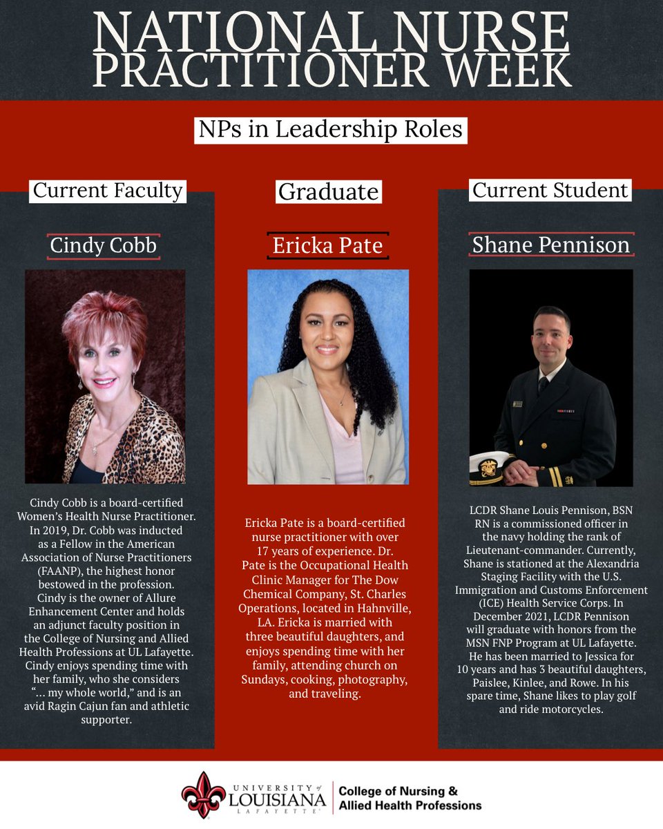 Happy Wednesday! Today we spotlight NPs in Leadership Roles! 🤟❤
#NPWeek #NPWeek2021 #RaginCajunRNs