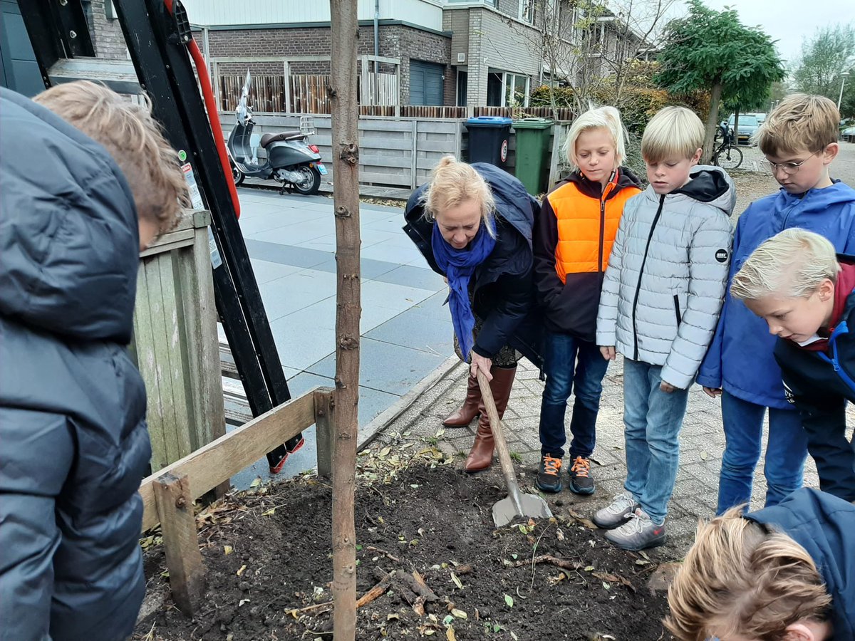 IngeNieuwenhuiz's tweet photo. Leuk om met leerlingen van @obsdevenen #Reeuwijk mee te doen met de Nationale Boomfeestdag. De leerlingen plantten de Robinia Pseudocacacia langs de Moerweide. Bomen zijn goed voor de gezondheid: zuurstof, beweging en minder stress… thema was dan ook:bomen maken gezond! @gem_BR https://t.co/3fcPwgh1wy